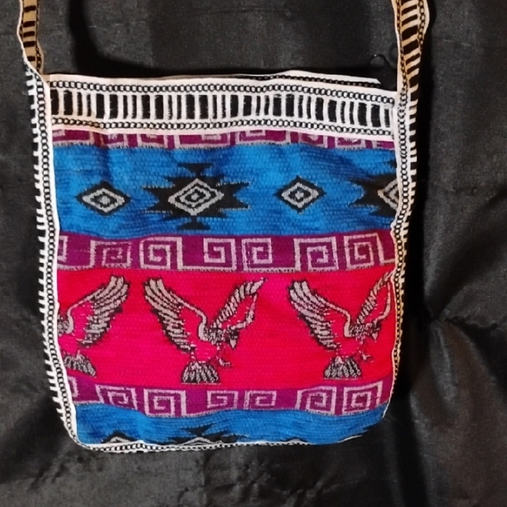 Vibrant Boho Crossbody Bag with Pink and Blue Design